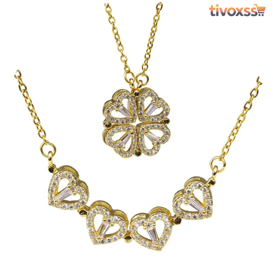 Collar Trébol Encanto de Corazones 4 en 1 Convertible con Brillo Tipo Oro