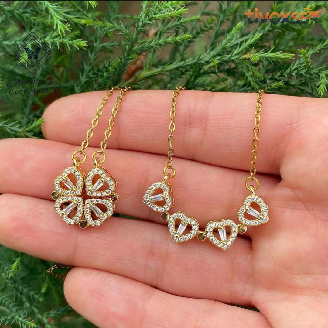 Collar Trébol Encanto de Corazones 4 en 1 Convertible con Brillo Tipo Oro